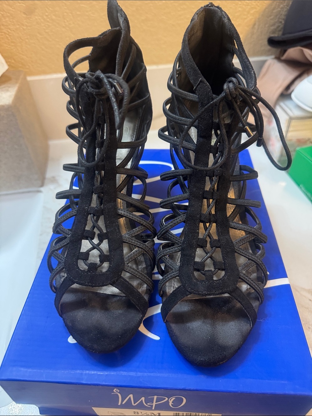 Impo Black Lace-Up Caged High Heel Sandals